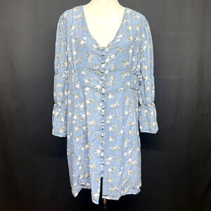 NWT MelloDay Nordstrom Women 2X V-Neck Button Blue Floral Dress 3/4 Slv Coquette